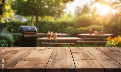 Rustic Wooden Tabletop with Outdoor Barbecue Grill and Picnic Tables Backdrop