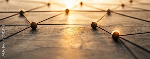 A close-up view of interconnected nodes and lines, illuminated by soft sunlight, creating a geometric pattern on a textured surface.