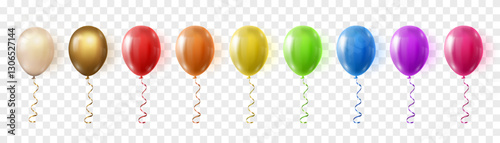 Vector colorful balloons isolated on png background. Realistic festive 3d helium balloons, Birthday party design. Vector illustration on transparent background