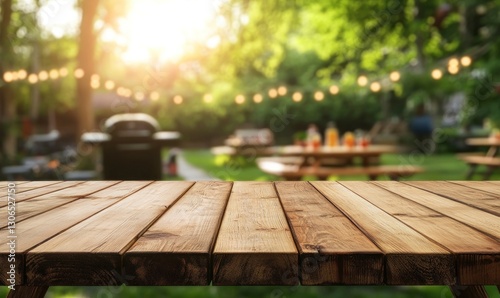 Wooden Picnic Table in Backyard Setting with Bbq Grill and Lights