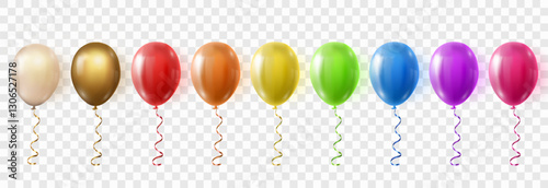 Vector colorful balloons isolated on png background. Realistic festive 3d helium balloons, Birthday party design. Vector illustration on transparent background