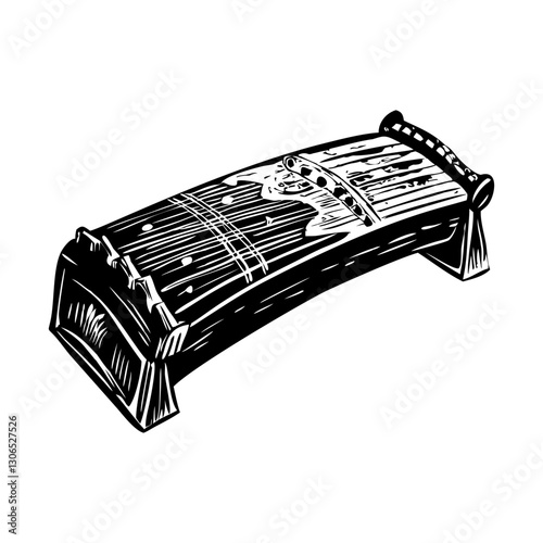 A vintage illustration depicting traditional japanese harp