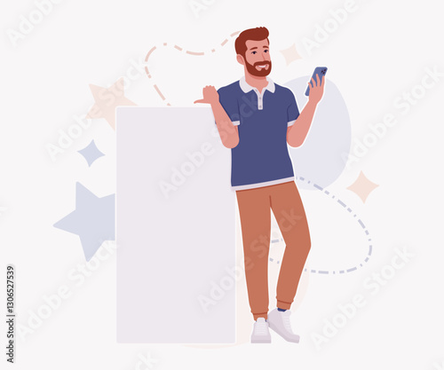 Man, bearded handsome guy in casual sporty banner adv stand pose. Stylish athletic sportswear polo, modern active fit city leisure, comfort. Vector flat style cartoon illustration, creative background