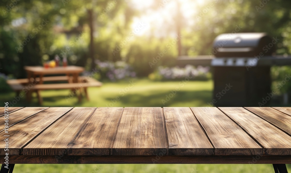 Wooden Table in Garden Setting with Bbq Grill and Picnic Table Wooden Table in Garden Setting with Bbq Grill and Picnic Table