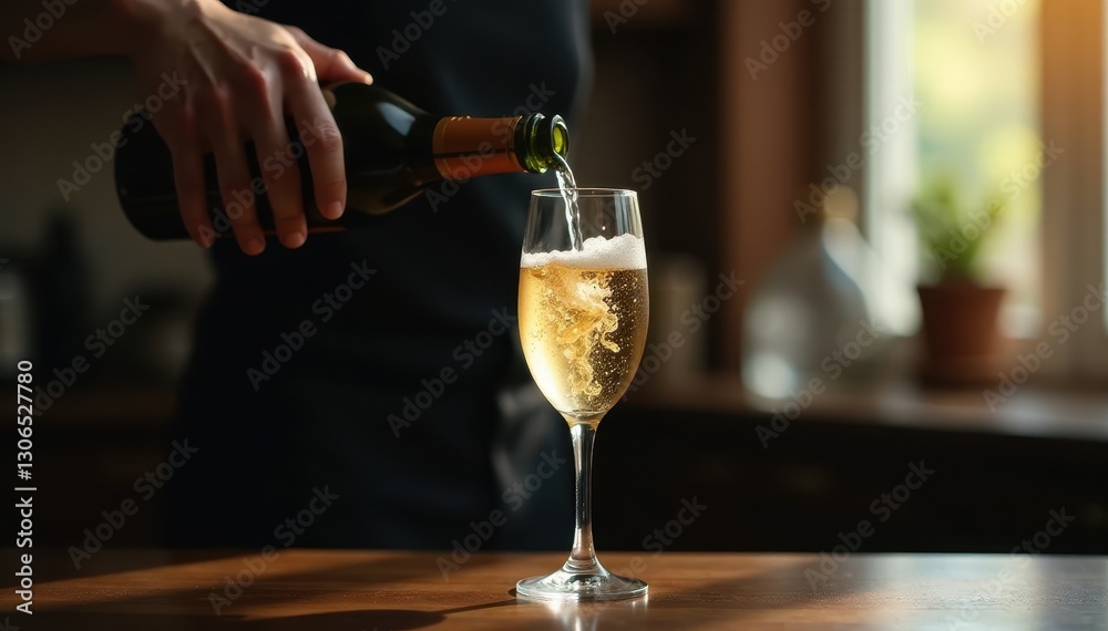 Hand pouring sparkling wine into elegant glasses, bar, appetizer, celebratory Hand pouring sparkling wine into elegant glasses, bar, appetizer, celebratory