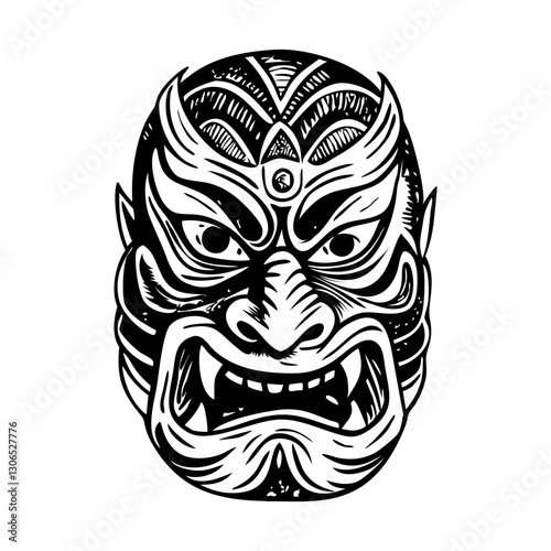 Traditional kabuki mask illustration in vintage style