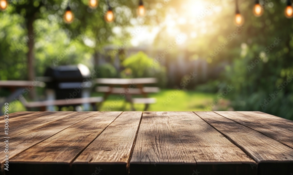 Wooden Table in Backyard with Grill and Picnic Area for Summer Wooden Table in Backyard with Grill and Picnic Area for Summer