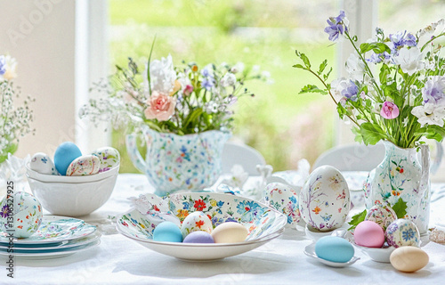 Springtime Easter Feast with Floral Arrangements and Festive Treats