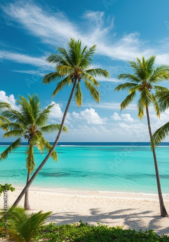 Fototapeta Naklejka Na Ścianę i Meble -  Virginia beach beautiful tropical beach with palm trees, coconut palms, and clear blue water under a sunny sky