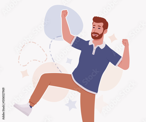 Man, bearded handsome guy in casual sporty wear winner pose. Stylish athletic sportswear polo, modern active fit city leisure, comfort. Vector flat style cartoon illustration, creative background