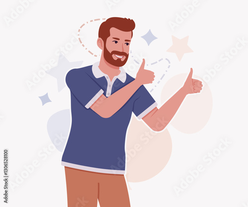 Man, bearded handsome guy in casual sporty wear thumb up pose. Stylish athletic sportswear polo, modern active fit city leisure, comfort. Vector flat style cartoon illustration, creative background