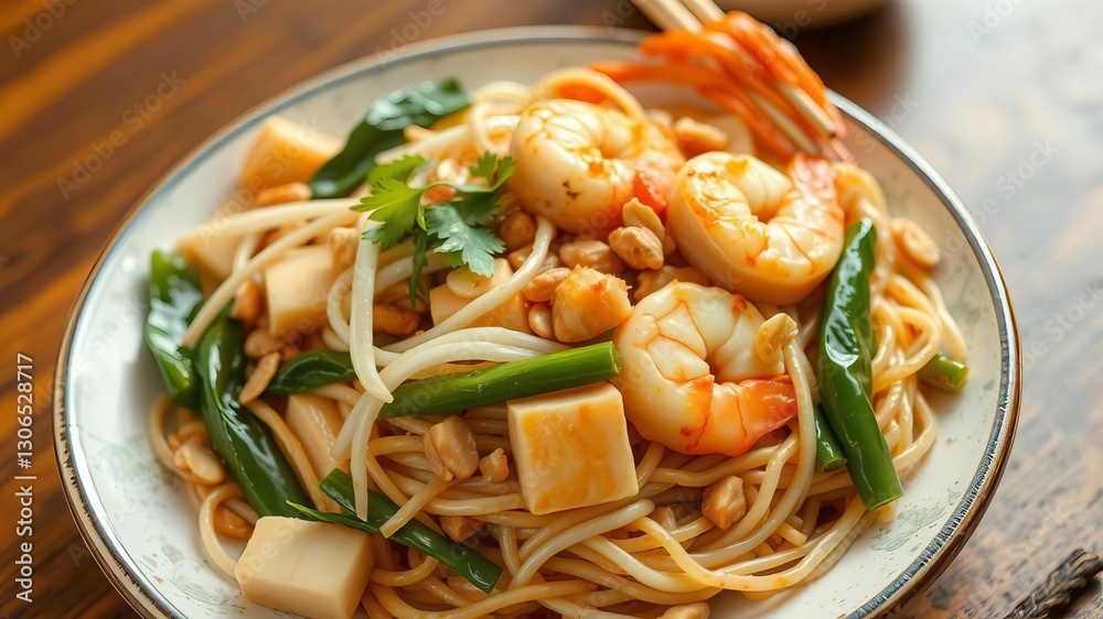 Close-up of a traditional Thai dish, stir-fried rice noodles with tofu, shrimp, bean sprouts, and peanuts, known as Pad Thai, food, peanuts Close-up of a traditional Thai dish, stir-fried rice noodles with tofu, shrimp, bean sprouts, and peanuts, known as Pad Thai, food, peanuts