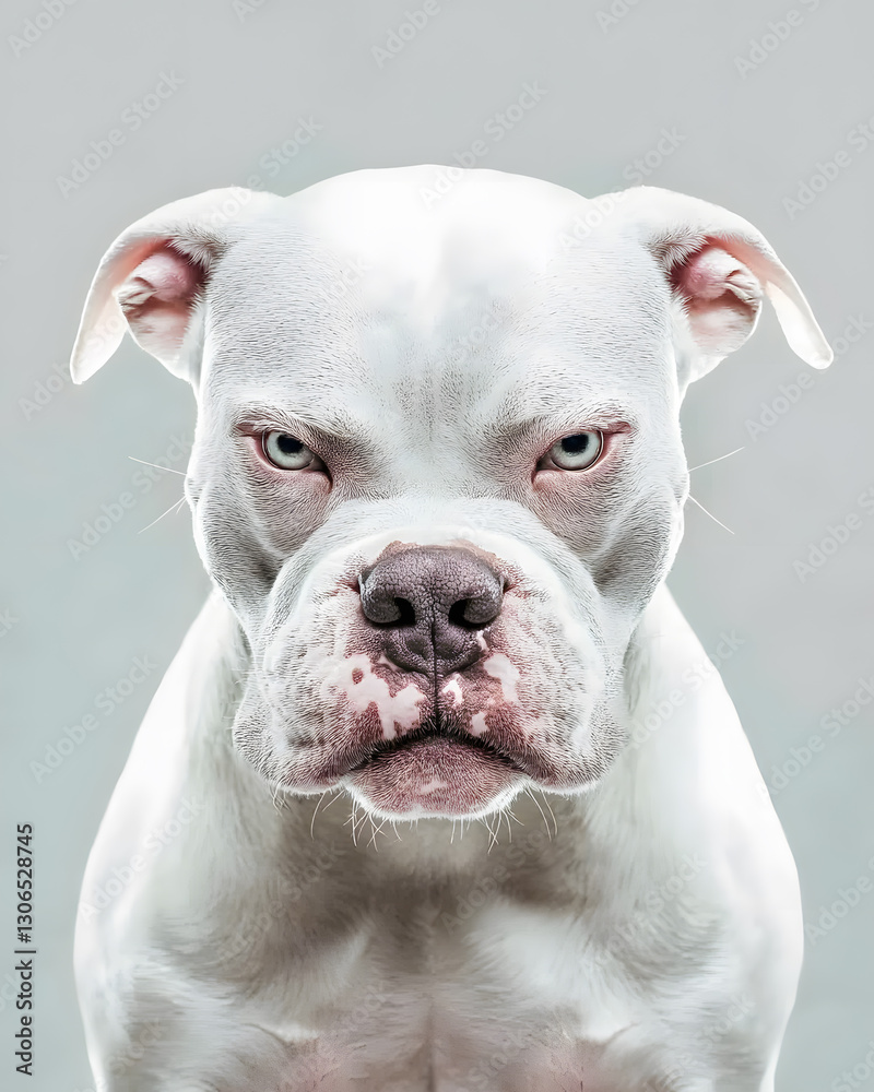 Close-up portrait of a white Pitbull dog against white color background Close-up portrait of a white Pitbull dog against white color background
