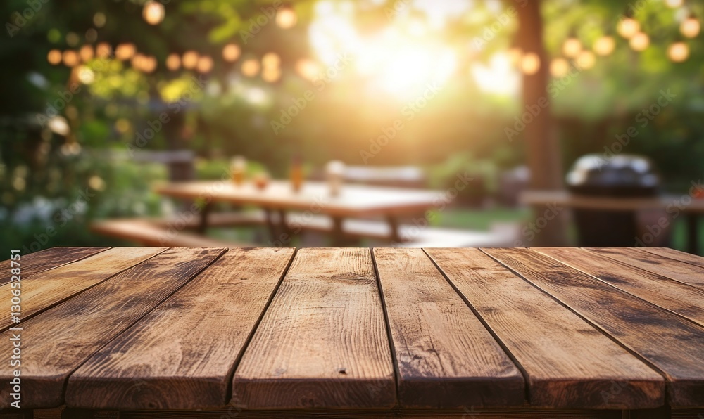 Wooden Table Top with Backyard Barbecue Scene at Sunset Blurred Wooden Table Top with Backyard Barbecue Scene at Sunset Blurred