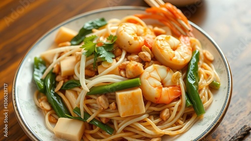 Close-up of a traditional Thai dish, stir-fried rice noodles with tofu, shrimp, bean sprouts, and peanuts, known as Pad Thai, food, peanuts