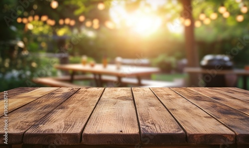 Wooden Table Top with Backyard Barbecue Scene at Sunset Blurred