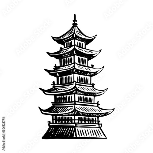 A vintage illustration depicting japanese pagoda tower