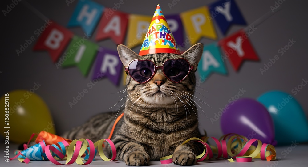 Fototapeta premium Cat Birthday Celebration with Party Hat, Sunglasses, and Colorful Decorations