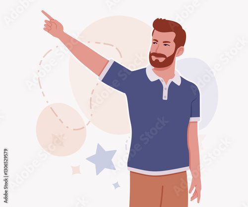 Man, bearded handsome guy in casual sporty wear pointing pose. Stylish athletic sportswear polo, modern active fit city leisure, comfort. Vector flat style cartoon illustration, creative background