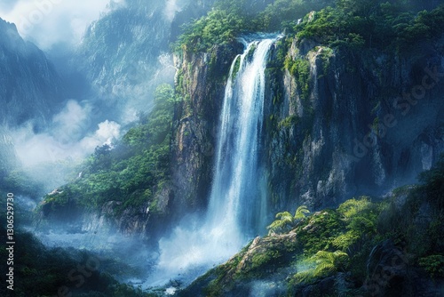 Majestic waterfall cascading down a lush, misty mountainside in a serene, mystical landscape.