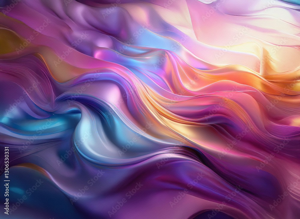 Obraz premium Abstract background of flowing iridescent waves in purple, pink, blue, and gold. Smooth and glossy fluid texture creates a vibrant colourful design.
