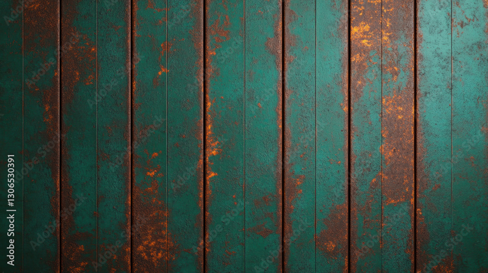 Obraz premium Rusty teal metal texture with vertical lines and weathered appearance. surface shows signs of aging and corrosion, creating unique and industrial aesthetic