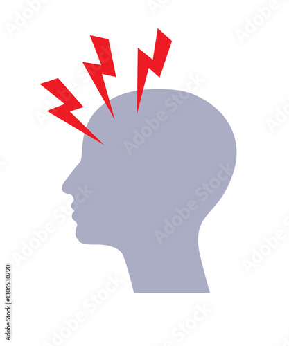 Headache, head silhouette with flashes.