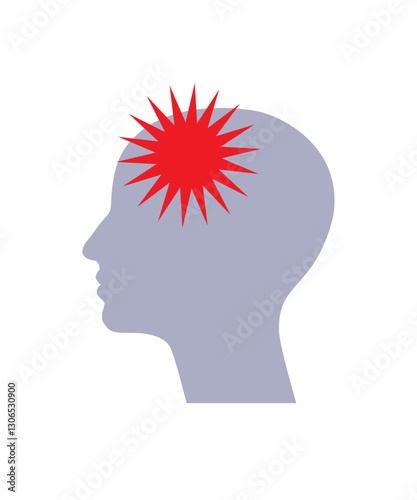 Headache, head silhouette with multi point star.