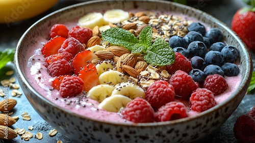 Hand holding a smoothie bowl filled with vibrant fruits kitchen food photography indoor close-up healthy eating concept