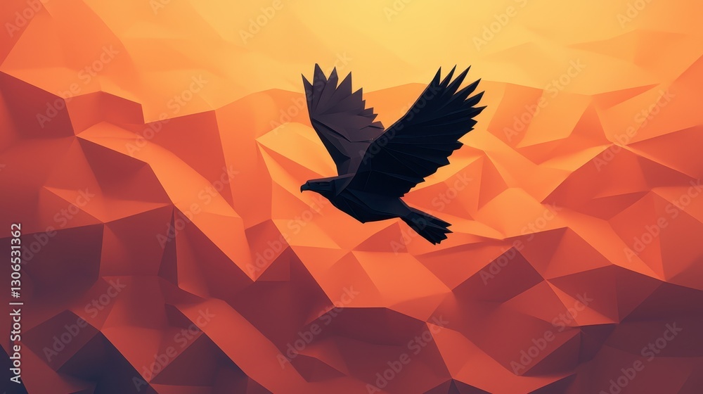 Fototapeta premium Majestic Bird Soaring Above Abstract Orange Mountain Landscape at Sunset
