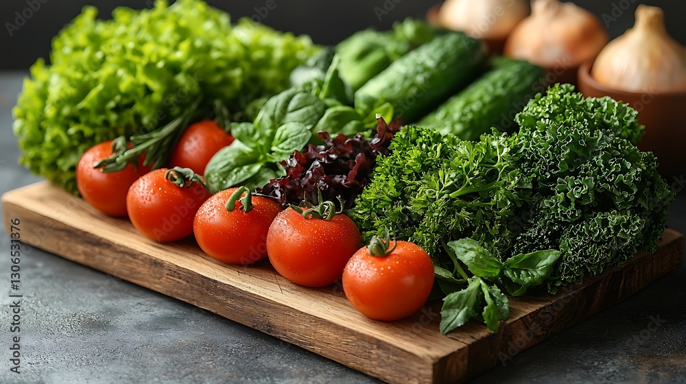 Freshly picked herbs and greens displayed on a rustic wooden board kitchen food photography natural lighting culinary inspiration Freshly picked herbs and greens displayed on a rustic wooden board kitchen food photography natural lighting culinary inspiration