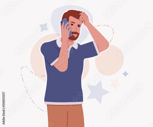 Man, bearded handsome guy in casual sporty wear phone call pose. Stylish athletic sportswear polo, modern active fit city leisure, comfort. Vector flat style cartoon illustration, creative background