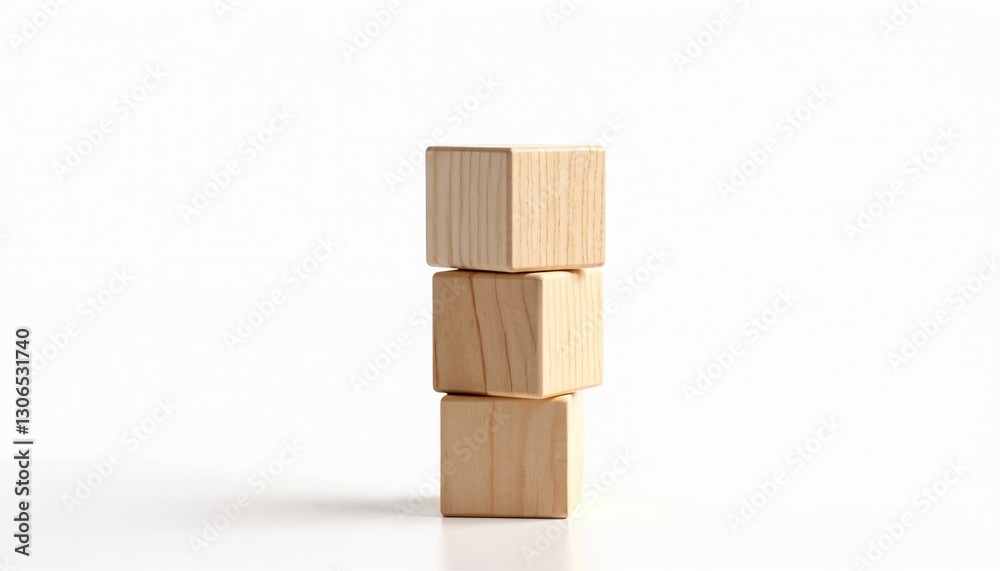 Tower of three wooden cubes isolated on white background. Square light brown blocks stacked as pyramid. Construction of wood building toy game, learning structure with empty copy space. Tower of three wooden cubes isolated on white background. Square light brown blocks stacked as pyramid. Construction of wood building toy game, learning structure with empty copy space.