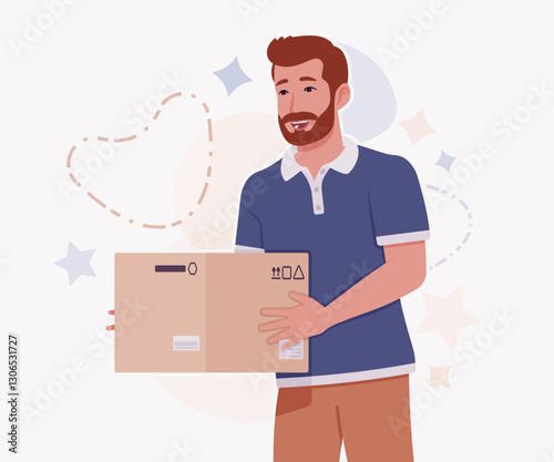 Man, bearded handsome guy in casual sporty wear box delivery. Stylish athletic sportswear polo, modern active fit city leisure, comfort. Vector flat style cartoon illustration, creative background