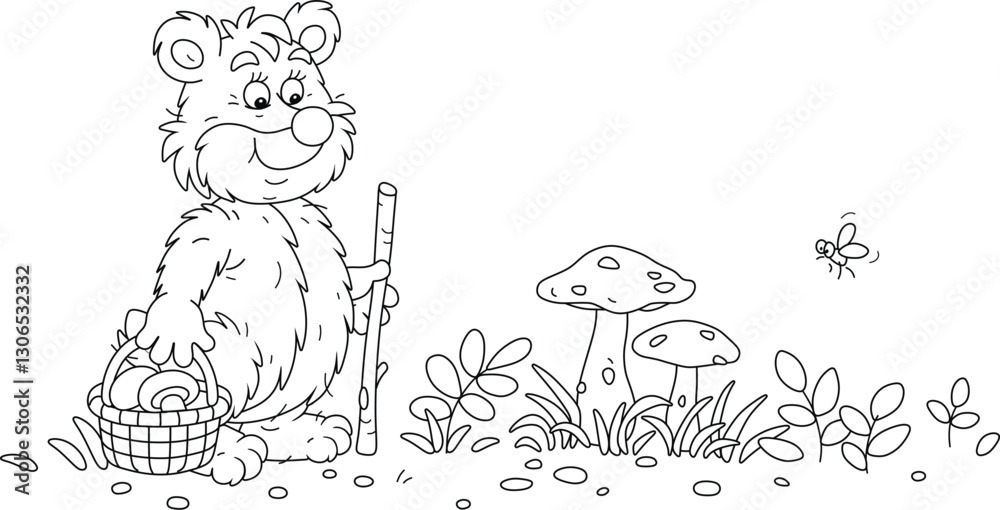 Obraz premium Funny bear mushroomer with a wicker basket walking through a summer forest glade and picking mushrooms among grass and branches, black and white outline vector cartoon illustration for a coloring book