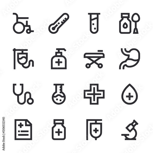 A set of medical icons including a stethoscope, thermometer, syringe, and more