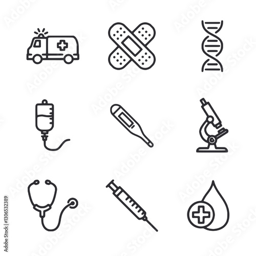 A set of medical symbols including a syringe, a blood pressure cuff