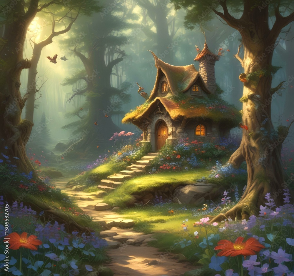 Fototapeta premium Illustration of goblin house in green forest.