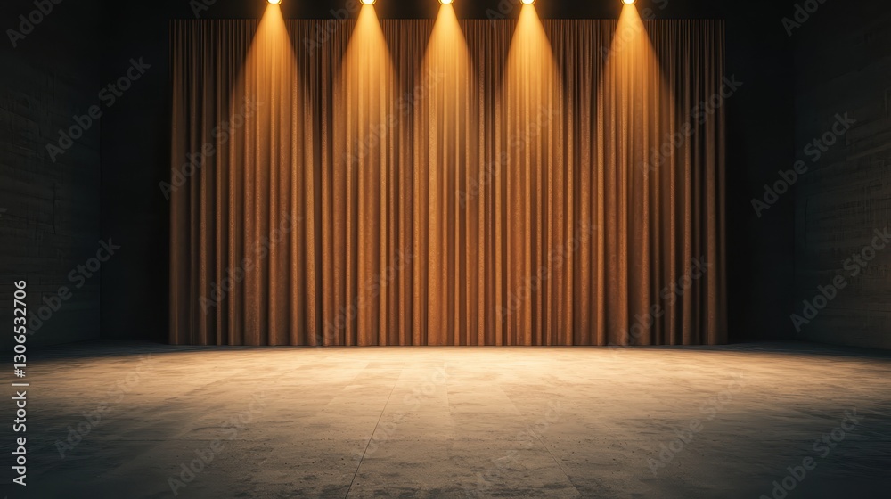Fototapeta premium Empty Stage with Dramatic Spotlights and Velvet Curtains in a Dimly Lit Theatre Environment
