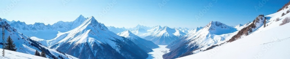 Fototapeta premium Snow-covered peaks and valleys under a clear blue sky, scenery, countryside