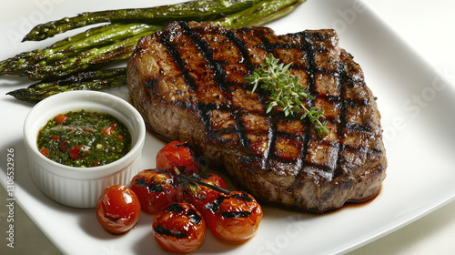 Juicy beef steak with a side of grilled asparagus, tomatoes, and fresh herbs