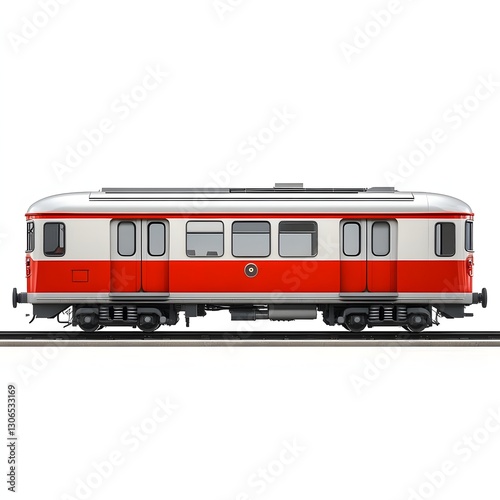 Side view of a classic red and white train car on the tracks against a white background. 3d Transportation isolated in white background. Vintage Red and White Train Car on Tracks