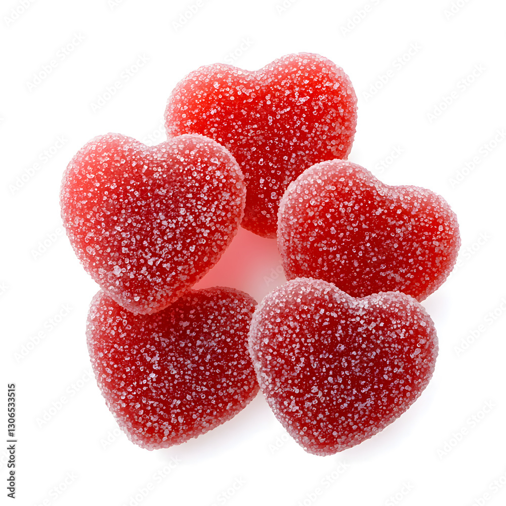 Fototapeta premium Red Jelly heart shaped candies coated in sugar, isolated on white background