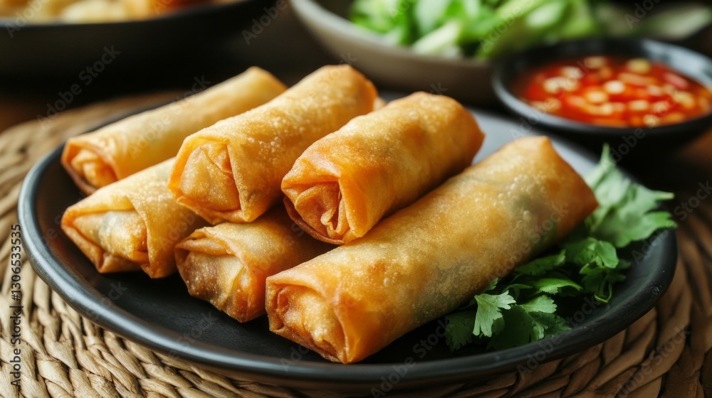 Golden and crispy deep fried spring rolls popiah are plated beautifully, accompanied by vibrant green herbs and a spicy dipping sauce, perfect for sharing at a lively gathering Golden and crispy deep fried spring rolls popiah are plated beautifully, accompanied by vibrant green herbs and a spicy dipping sauce, perfect for sharing at a lively gathering