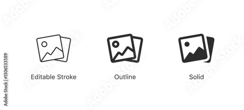 photo album icon, set of image gallery iconsin editable stroke, outline, and solid styles. media, photos, picture vector icons