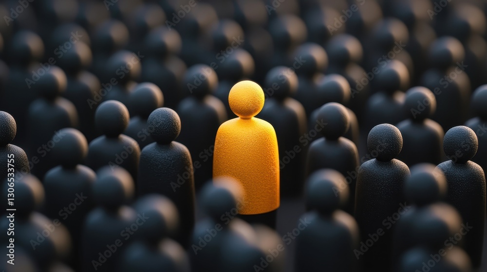 Obraz premium Single Yellow Figure Standing Out Among Dark Black Figures in a Crowd Representation of Individuality and Uniqueness