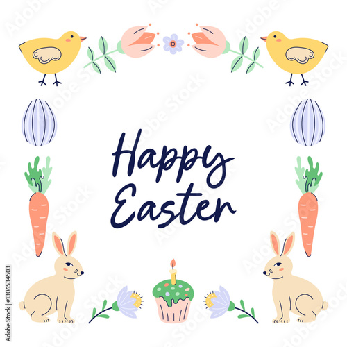 Happy Easter square Frame With Bunnies, chickens and eggs. Happy Easter hand drawn card. Flat illustration with partial outline. Isolated vector illustration.