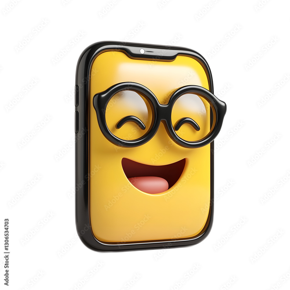 Cheerful 3D Rendered Smartphone Emoji Icon on White Background Cheerful 3D Rendered Smartphone Emoji Icon on White Background