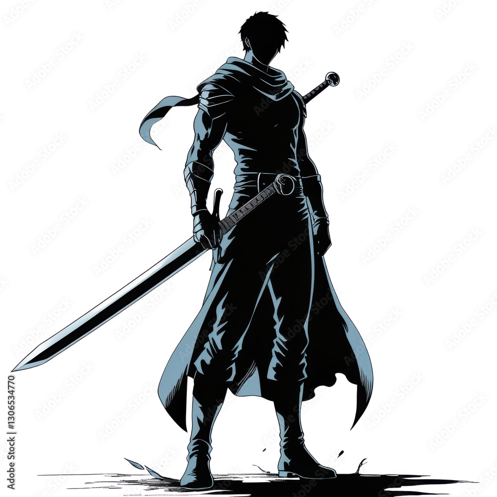 Mysterious Warrior with a Long Sword, Dark Silhouette of a Lone Hero in a Manga-Inspired Style PNG, Cutout Mysterious Warrior with a Long Sword, Dark Silhouette of a Lone Hero in a Manga-Inspired Style PNG, Cutout