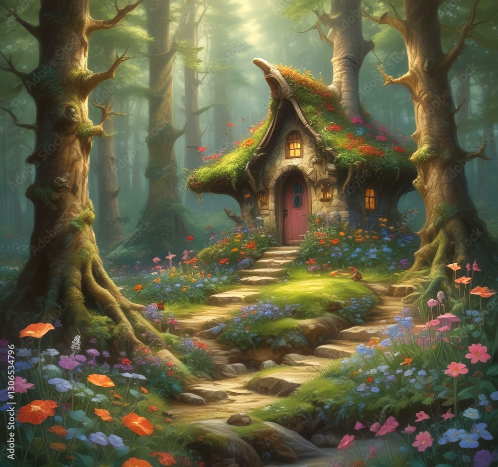 Obraz premium Illustration of goblin house in green forest.